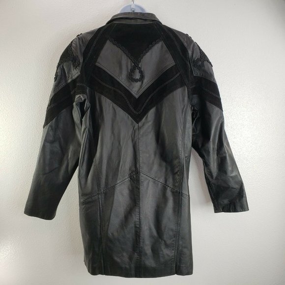 Womens‎ Vintage Black Genuine Leather Winlit short Trench Coat Jacket Medium Y2K - Picture 8 of 12